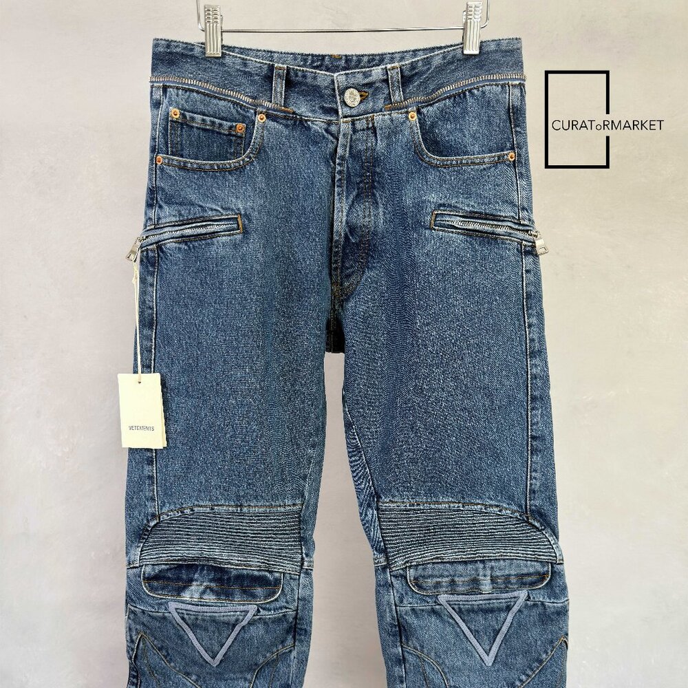 Vetements: Multi Zip Embroidered Pocket Patch Biker Runway Jeans FW20
